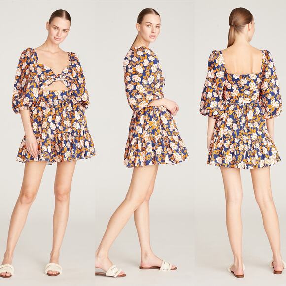 Amur Medina  Floral Twist Front Ruffle Mini Dress Twilight Blue Women 14 NWT - Picture 1 of 15